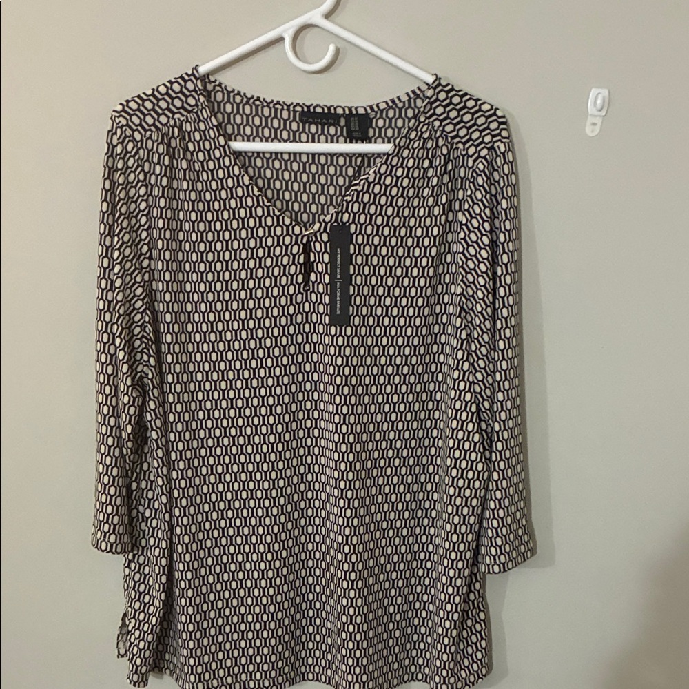 Tahari Black and Cream Geometric Blouse